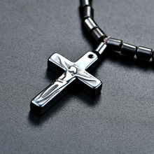 2017 Men Black 43cm Necklace Cross Crucifix Jesus Pendant Fashion Punk Artificial Hematite Bead Necklace 2024 - buy cheap
