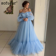 Blue Pink Simple Sexy Sweetheart Fashion Evening Dresses Long Sleeves Tulle Evening Gowns Off the Shoulder Tiered Pleat 2024 - buy cheap