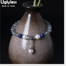 Uglyless real 925 prata esterlina encantos pulseiras para as mulheres naturais pérolas borla pulseira moonstones miçangas elástico bangle 2024 - compre barato