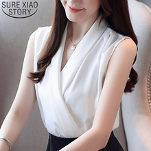 Fashion women blouse and tops off shoulder top Sleeveless2021 harajuku shirts white blouse chiffon blouse Solid V-Neck 3534 50 2024 - buy cheap