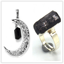 Kraft-beads Silver Plated Crescent Moon Natural Irregular Shape Stone Pendant Healing Reiki Black Tourmaline Ring Jewelry Sets 2024 - buy cheap