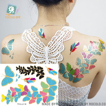 Rocooart tatuagem flash de borboleta, tatuagens falsas de penas metálicas, arte corporal tatuada, tatuagens temporárias à prova d'água, tatuagem de henna 2024 - compre barato