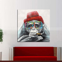 Pintura al óleo sobre lienzo de Gorilla con sombrero rojo, arte de pared hecho a mano de animales de caricaturas divertidos, arte sin marco para decoración del hogar, 100% 2024 - compra barato