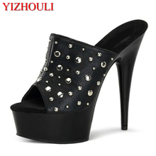 Fashionable polyurethane material, 15 cm, summer high heel paint platform, rivet decoration, sandals 2024 - buy cheap