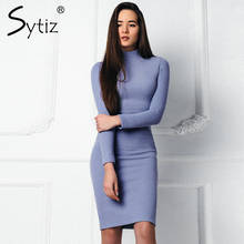 Sytiz Blue Knitted Fitness Dress Solid Long Sleeve 2017 Winter Autumn New Arrivals Vintage Slim Turtleneck Dresses 2024 - buy cheap