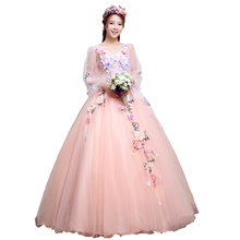 Trajes De Quinceaneras 2022 New V Neck Pink Long Sleeve Quinceanera Dresses Lace Flower Plus Size Lace Up Custom Made Prom Gown 2024 - buy cheap