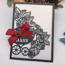 50Pcs/Lot Baby Carriage Pattern Baby Shower Invitations Card With Bowknot Laser Cut Birthday Party Invitation Welcome Newborn 2024 - buy cheap
