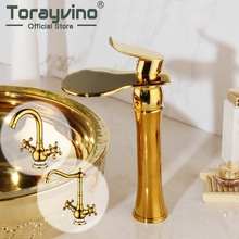 Torayvino Girado Bronze Dourado Bacia Navio Pia Da Cozinha de Água Duplo Alças Deck Montado Mixer Torneira Giratória de Ouro Polido 2024 - compre barato