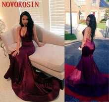 2019 Black Girl Backless Halter Satin Prom Dress With Deep V Neck Long Mermaid Formal Evening Gowns Count Train African Vestidos 2024 - buy cheap