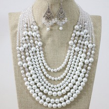 Anniversary 7 rows necklace earrings white round shell simulated-pearl rhinestone crystal abacus elegant jewelry B1296 2024 - buy cheap