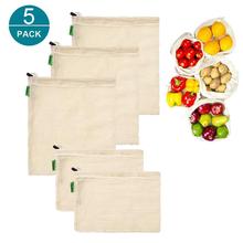 Bolsas reutilizables de algodón orgánico para verduras, bolsas de malla respetuosas con el medio ambiente, muselina, comestibles, artículos diversos, almacenamiento de alimentos, 5 unids/set por juego 2024 - compra barato