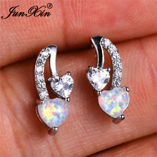 JUNXIN Female Double Heart Stud Earrings For Women Silver Color CZ Blue White Fire Opal Earrings Valentine Gift 2024 - buy cheap