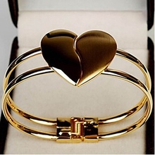 Korean New Crystal Charm Heart Open Bangle Gold Color Love Shape Bracelets Bangles For Women Fashion Cuff Bracelets 2024 - buy cheap