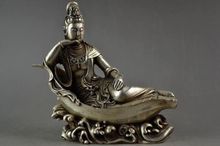 Elaborate Chinese Old Tibetan Silver Kwan -Yin Leisurely Lie On Lotus Statue 2024 - buy cheap