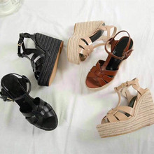 Fashion Sexy Glossy T-strap Pumps Open Toe Platform Sandals Extreme High Heels Burgundy Nude Gladiator Sandals Women Wedge Shoes 2024 - buy cheap