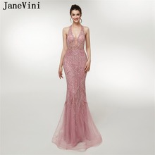 JaneVini Charming Prom Dress Luxury Crystal Beaded Dubai Tulle Bridesmaid Dresses Halter Backless Mermaid Sexy Party Prom Gowns 2024 - buy cheap
