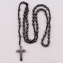 Rosário de hematita 8mm, colar com corrente e pingente de cruz de hematita/crucifixo 2024 - compre barato
