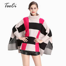 New Spring Women Fashion Red Ponchos And Capes High Collar Bat Sleeve Knit Shawl  Pullovers Knitted Wool Sweater Women coat 2024 - buy cheap