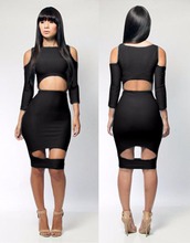 Long Sleeve Bodycon Cut Out Midi White Black Solid Club Bandage Summer Bodycon Dress Hollow Out Club Dresses 2024 - buy cheap