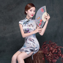 Vestido Qipao Vintage de rayón con estampado Floral para mujer, vestido chino tradicional de manga corta, Mini cuello mandarín, Cheongsam de verano 2024 - compra barato