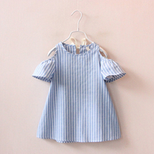 Newborn Baby Girls Princess Sweet Lovely Summer Dress Petal Sleeve Off Shoulder Straight Blue Striped Back Button Bow Mini Dress 2024 - buy cheap