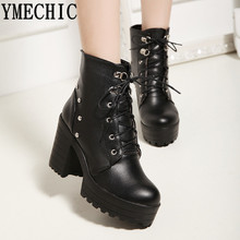 YMECHIC Lace Up Cross Tied Platform High Heels Ankle Boots for Women White Black Blue Block Heel Shoes Punk Gothic Combat Boots 2024 - buy cheap