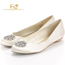 Woman Shoes Round Toe Fashion White Wedding Diamond Comfortable Flat Shoes Bridesmaid Slip on Appliques Rhinestone Crystal FSJ 2024 - buy cheap