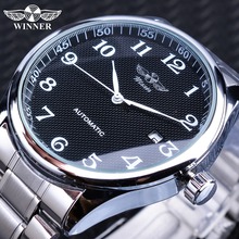 Winner-Reloj de pulsera automático para hombre, cronógrafo de acero inoxidable, color negro, sencillo, a la moda, con indicador de Fecha 2024 - compra barato