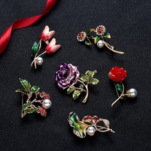 Rinhoo Crystal Flower Brooch Pin Elegant Rose Pearl Rhinestone Plant Brooch Costume Jewelry Fashion Accessories Women Gifts 2024 - buy cheap