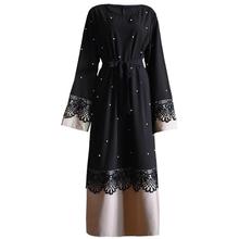 Vestido muçulmano de renda abaya, roupão adulto com renda muçulmana abaya, vestido islâmico com cinto wj2780 2024 - compre barato