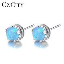 CZCITY Brand 100% Sterling Silver 925 Stud Earrings for Women Brightly Round 5claws Opal Earrings Petite Fine Jewelry Party Gift 2024 - buy cheap