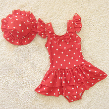 Maiô de meninas de 2 a 9 anos, roupa de banho em peça única, fofa de ponto vermelho, com saia, praia, verão para crianças 2024 - compre barato