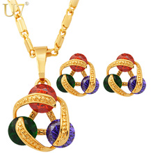 U7 Luxury Necklace Set For Women Trendy 3 Zircon Beads With Gold Color Necklace Earrings Jewelry Sets With Box S417 2024 - buy cheap