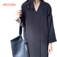 Vestido largo de estilo coreano para mujer, ropa Retro holgada de manga larga con cuello en V, Color sólido, primavera 2020 2024 - compra barato