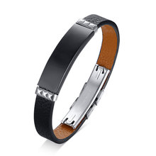 Black Genuine Leather ID Tag Bangles Stainless Steel Bracelets for Men Casual Male Custom Jewelry 2024 - buy cheap