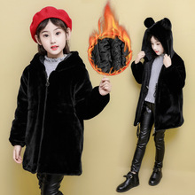 4-13T Unisex Faux Fur Coat Girl Boy Winter Warm Plus Cotton Fashion Hooded Solid Thick Long Fluff Casual Jacket Black 2024 - buy cheap