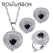 ROLILASON Heart-shaped design Jewelry Sets for women black zircon silver Earrings Necklace Rings  USA size #6#7#8#9#10 JS729 2024 - buy cheap