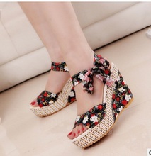 Hot Ladies Sandals Summer Casual Sandals 2017new Style Fashion Print Lace Ribbons Women Sandals Wedges Platform High Heel Shoes 2024 - buy cheap