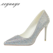 2019 New Spring/Autumn Women Pumps High Thin Heel Pointed Toe Shallow Sexy Crystal Bridal Wedding Women Shoes Silver High Heels 2024 - buy cheap