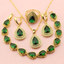 WPAITKYS Trendy Green Water Drop Cubic Zirconia Gold Color Jewelry Sets For Women Weding Earrings Pendant Ring Bracelet Free Box 2024 - buy cheap