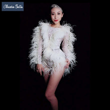 White Feather Sleeve Stage Bodysuit for Women Stretch Rhinestones Leotard Nightclub Dj Dancer Jumpsuits Performance Outfits 2024 - buy cheap