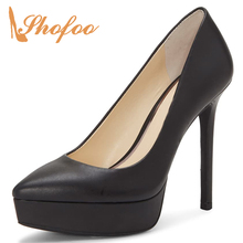 Zapatos de tacón alto de piel de vaca auténtica para mujer, calzado de oficina, con punta puntiaguda, talla grande 12 16, color negro 2024 - compra barato