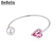 Bebella pulseira romântica cristal de coração rosa e pérola, pulseira aberta com cristais de swarovski, moda para mulheres e meninas 2024 - compre barato