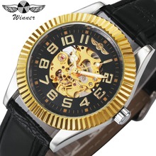 Часы WINNER Top Brand, Роскошные автоматические механические часы, мужские наручные часы с кожаным ремешком и золотым циферблатом 2024 - купить недорого