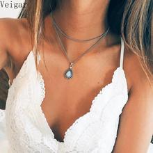 Vintage Silver Color Water Drop Shape Stone Pendant Necklace Female Fashion Jewelry Double Chains Ladies Party Choker Necklace 2024 - buy cheap