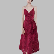 JSXDHK Women Spaghetti Strap Lace Party Dress 2022 Summer Designer Wine Red Ruffles Hollow Out Long dress Sexy V Neck Dress 2024 - buy cheap