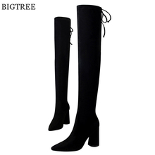 Women Thigh High Long Boots Pointed Toe Lace Up Over the Knee Boots Woman Comfort Square Heels Stretch Solid Black Flock Boots 2024 - buy cheap