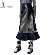 Leather Skirt Women 2019 Spring Autumn New Long Stitching Perspective Mesh Skirt Temperament Women Pu Leather Black Skirt TTT046 2024 - buy cheap