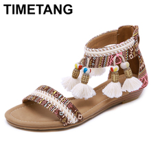 TIMETANGWomen Bohemian Boho Sandals Ethnic Totem Fringe Tassel String Bead Ethnic Sandals Wedge Heel Casual Flat Shoes Plus Size 2024 - buy cheap