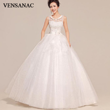 VENSANAC 2018 Satin O Neck Lace Flowers Appliques Ball Gown Wedding Dresses Crystal Sash Open Back Bridal Gowns 2024 - buy cheap